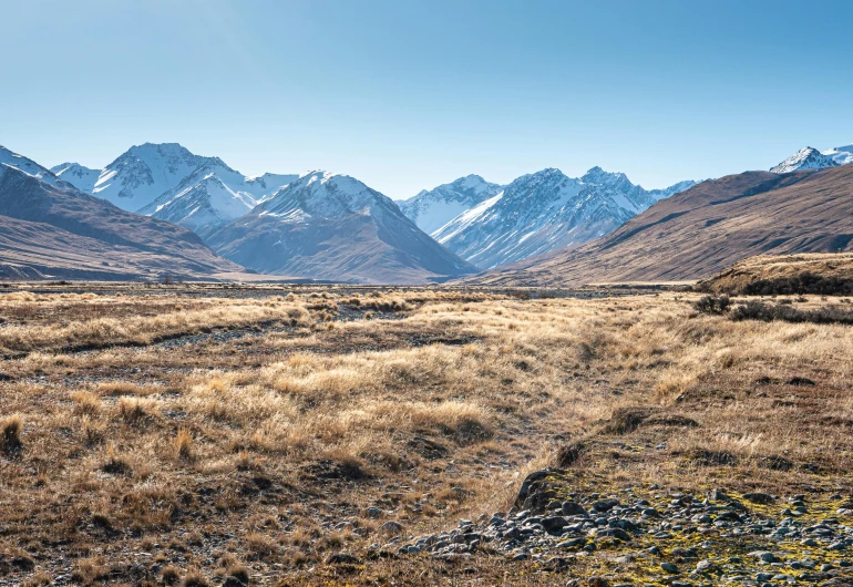 a grass field that has a rock in the middle and some mountains in the distance