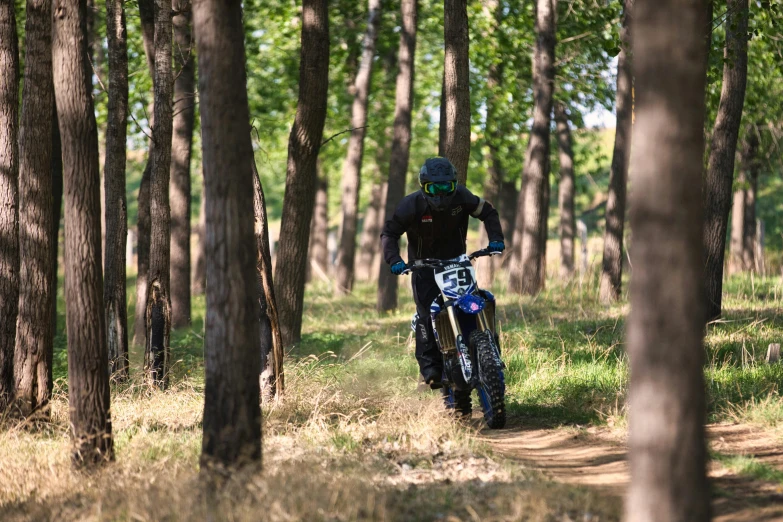 a person riding a dirt bike in the woods