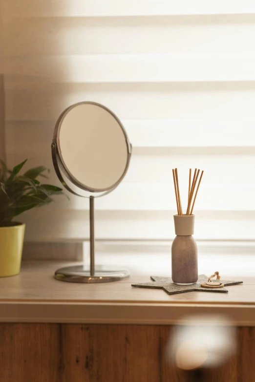 an old mirror, a vase with reeds and a plant sits on a table