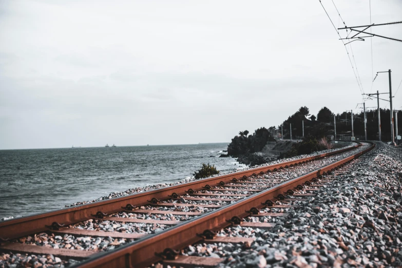 the railroad tracks extends into the water, along side the beach