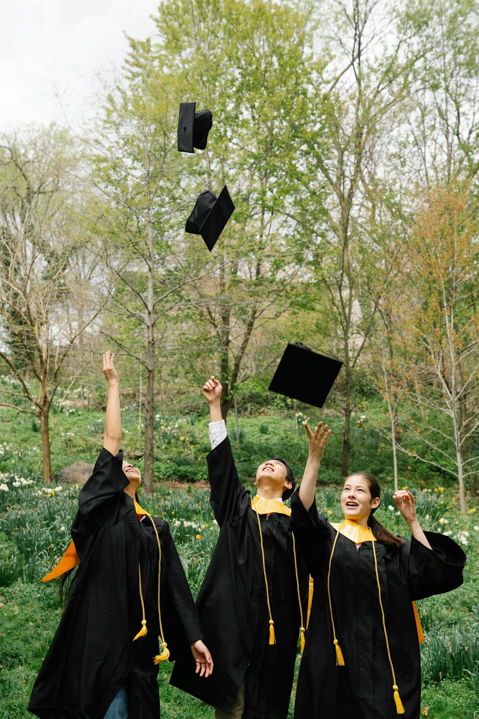 three graduates throwing their caps in the air