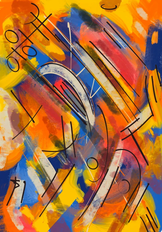 painting of an abstract composition and colors with lines, shapes, and circles