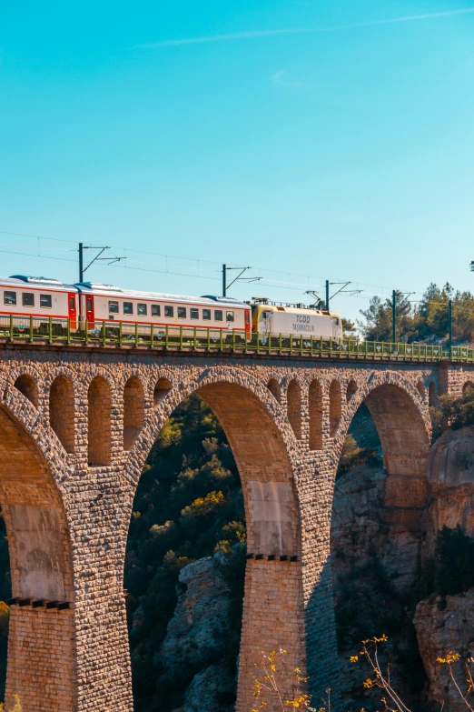 a train on an over head track riding on the bridge