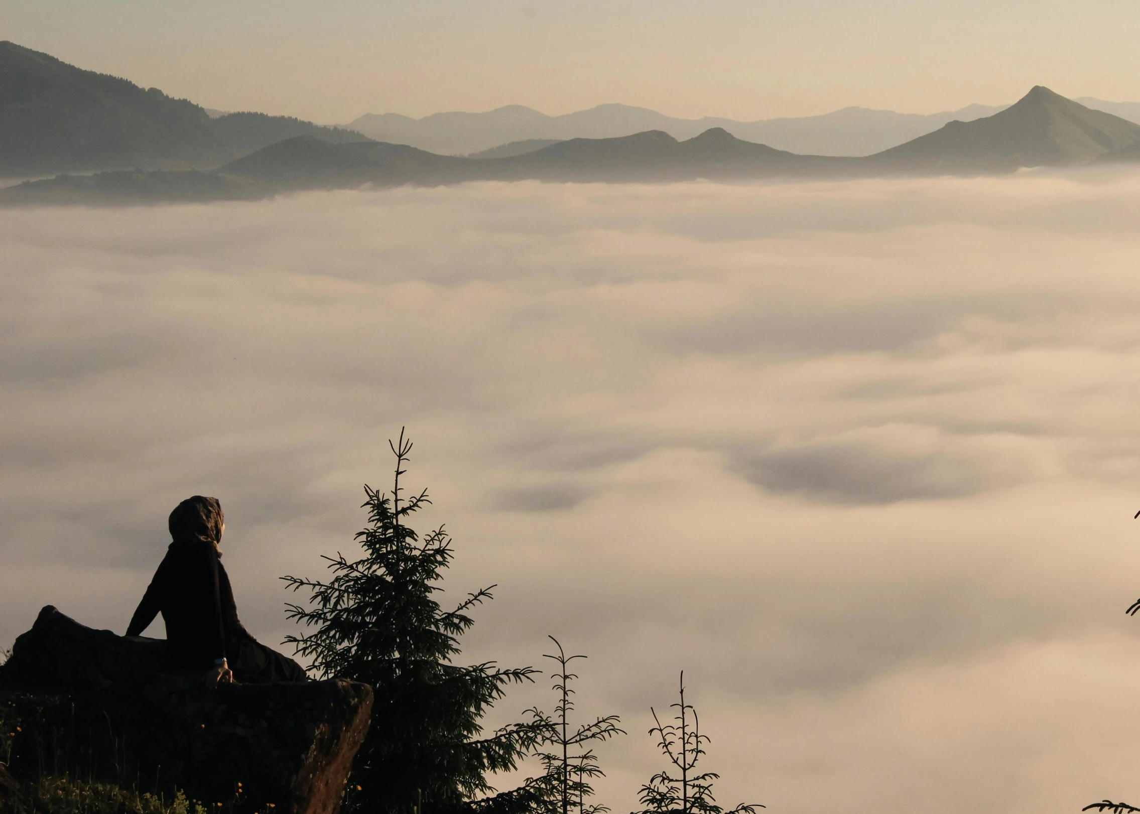 there is a person sitting on a hill with a view