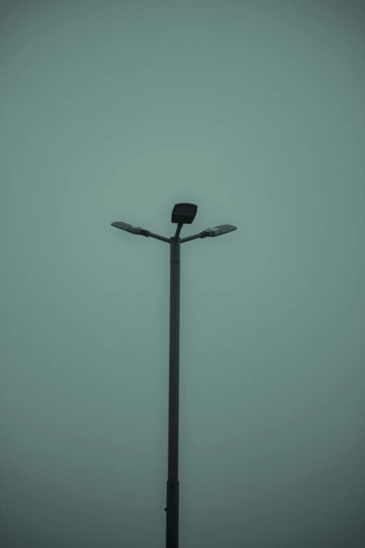 a light pole with street lights and fog