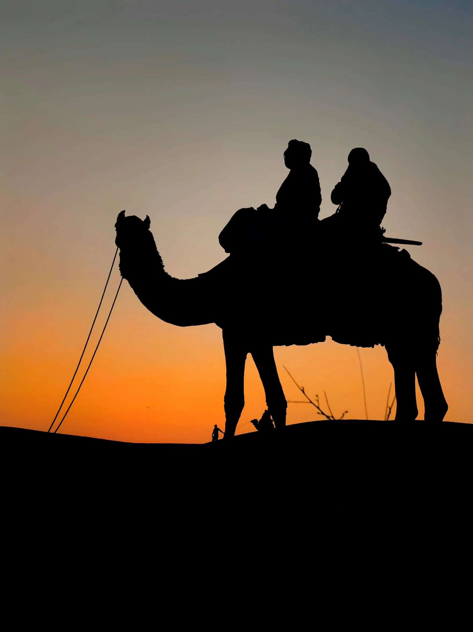 two people riding on the back of a camel