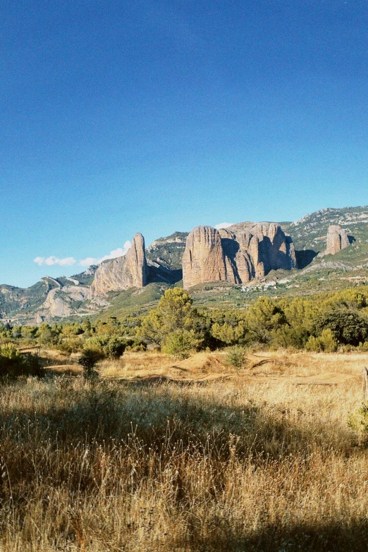 a brown grassy field with mountains in the background