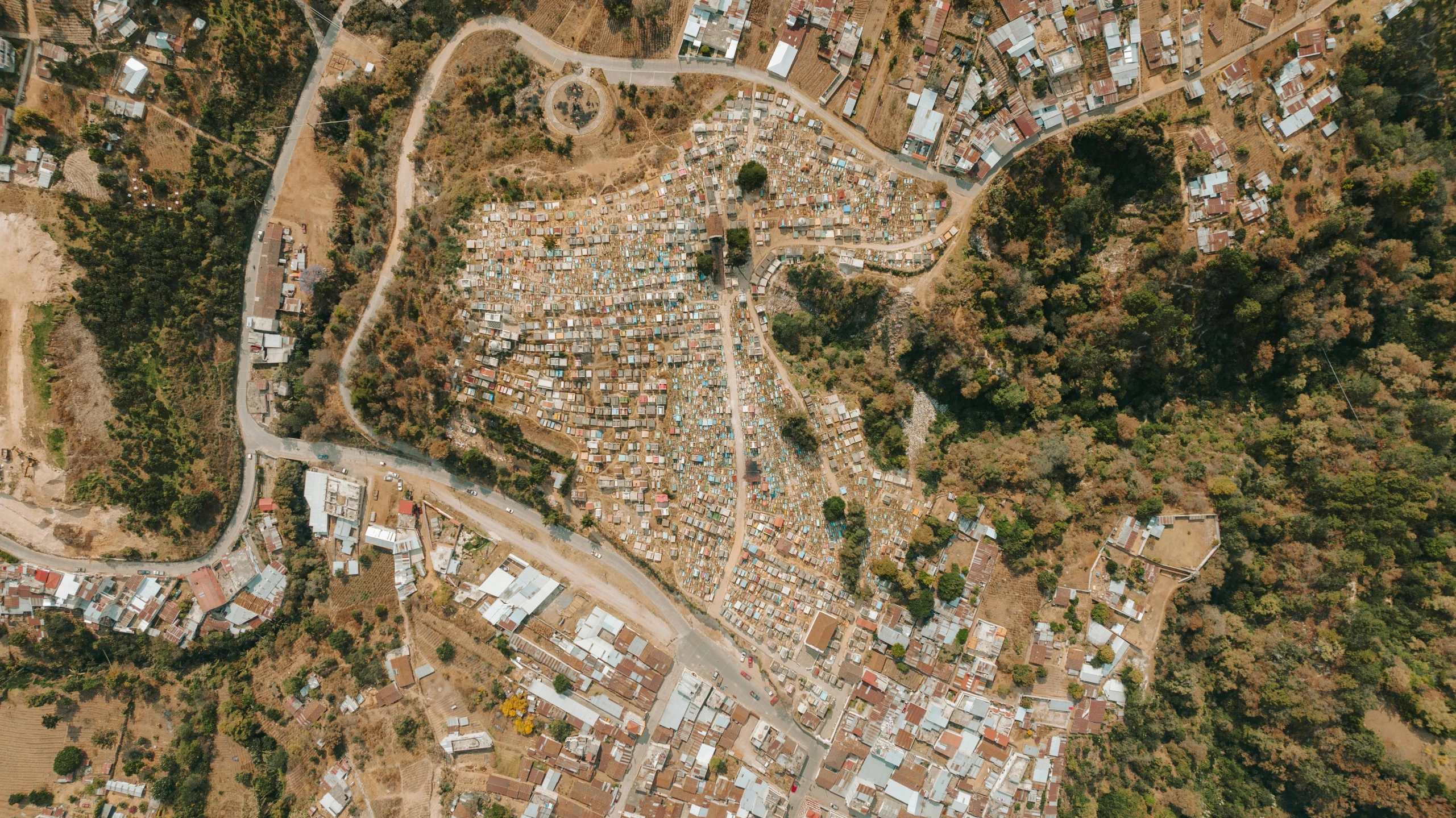 a aerial po of an intersection near a small town