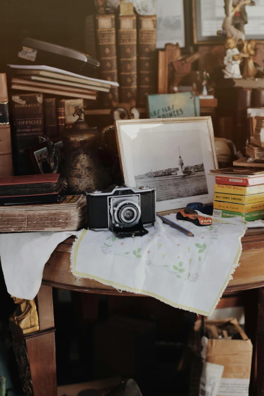 a camera sitting on top of a wooden desk