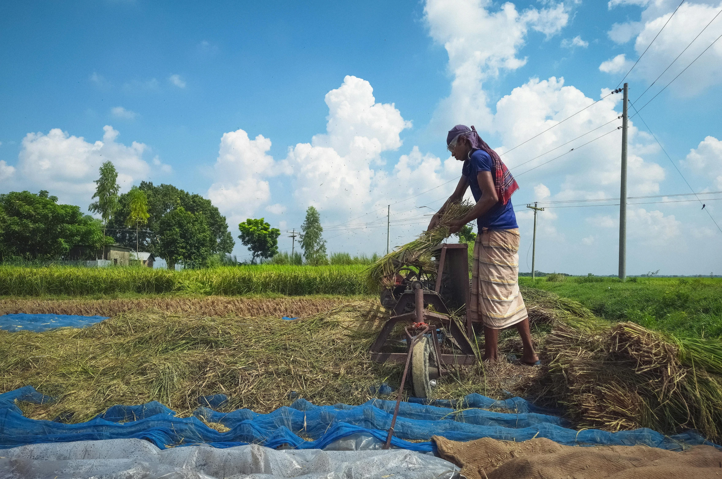 a man is plowing land with a bike