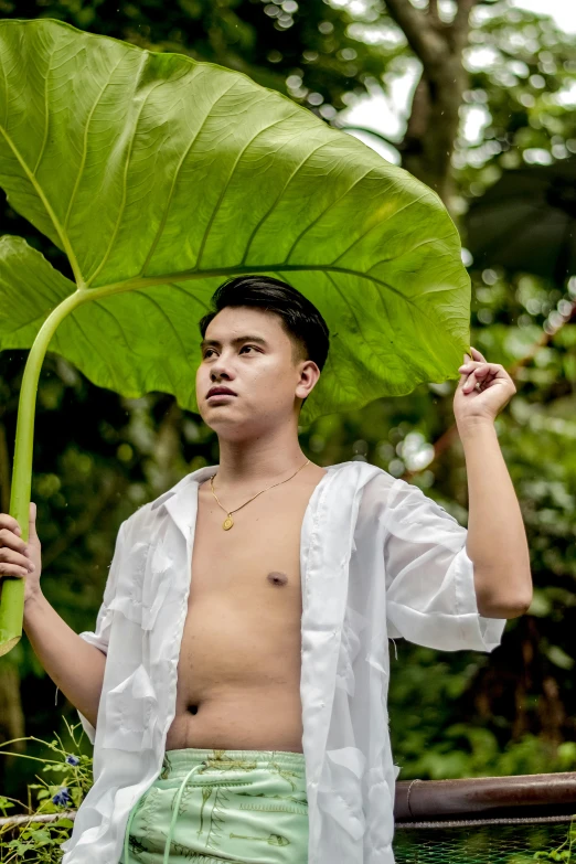 a man is holding up a large leaf