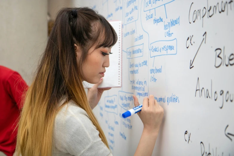 a person writing on a white board with a pen