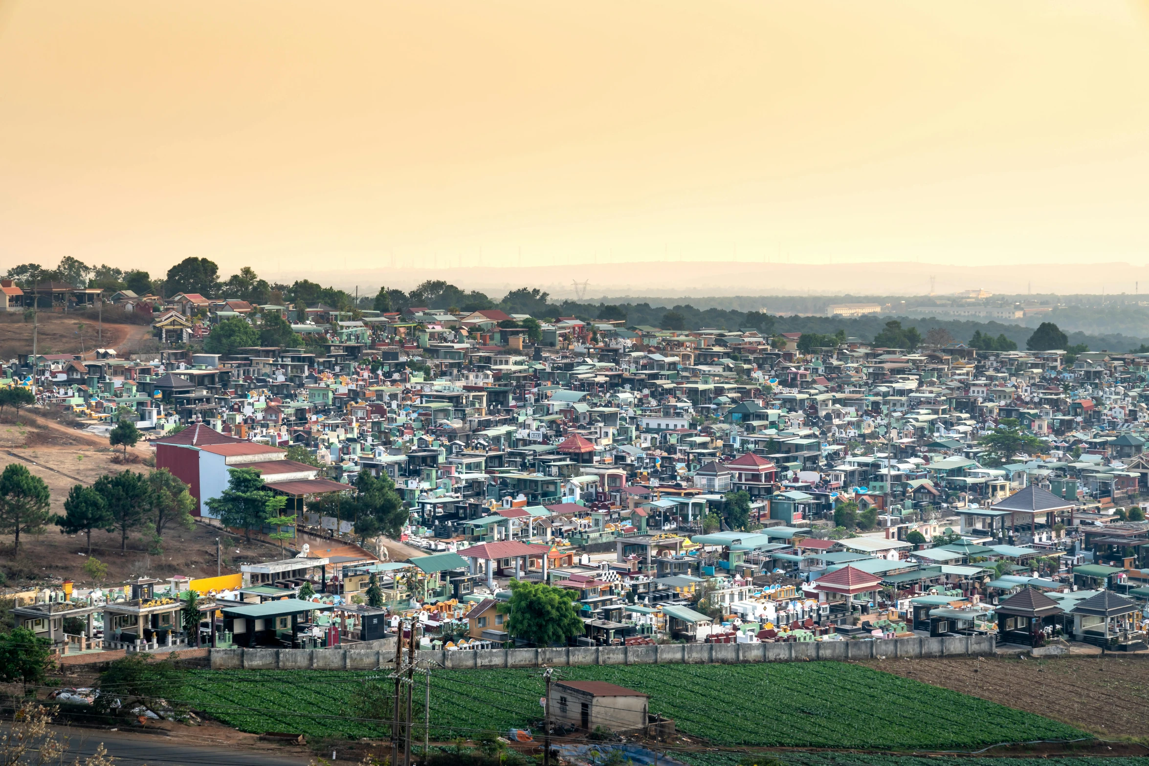 a city from a hill overlooking a large yard