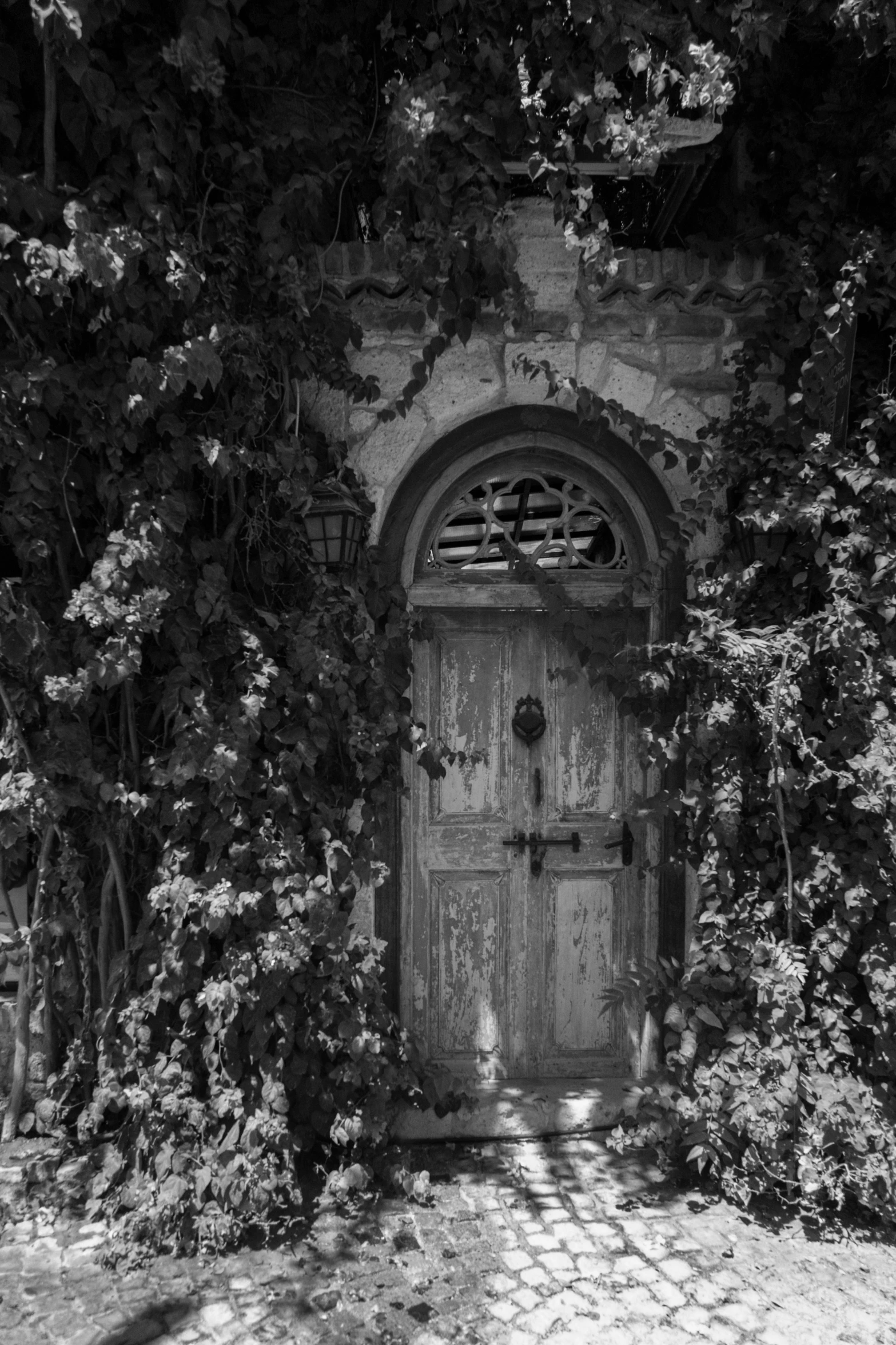 a black and white image of an old door in the corner of an old garden