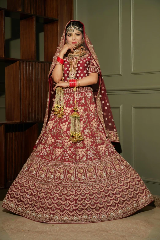 the bride poses in her traditional indian bridal dress
