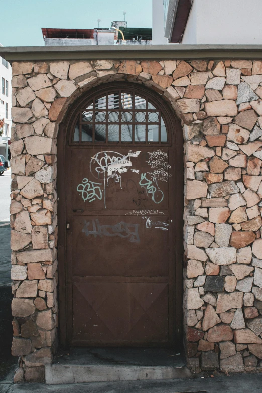 a close up of a closed door on a building