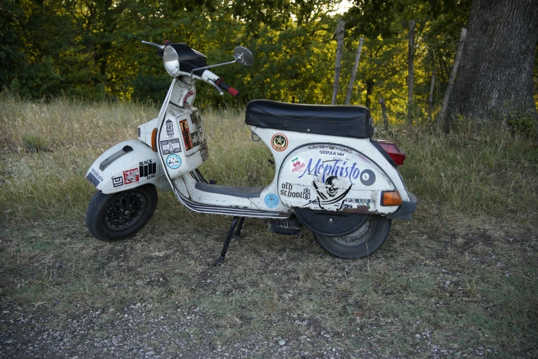 a motor scooter that is parked outside in the grass