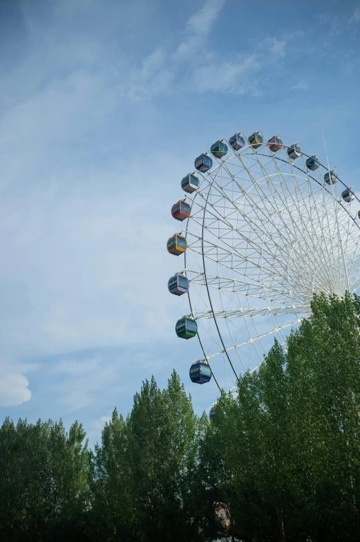 a ferris wheel with a sky background and trees