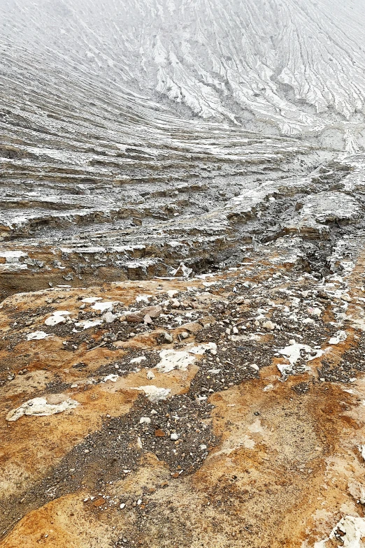 a brown dirt road surrounded by white mountains