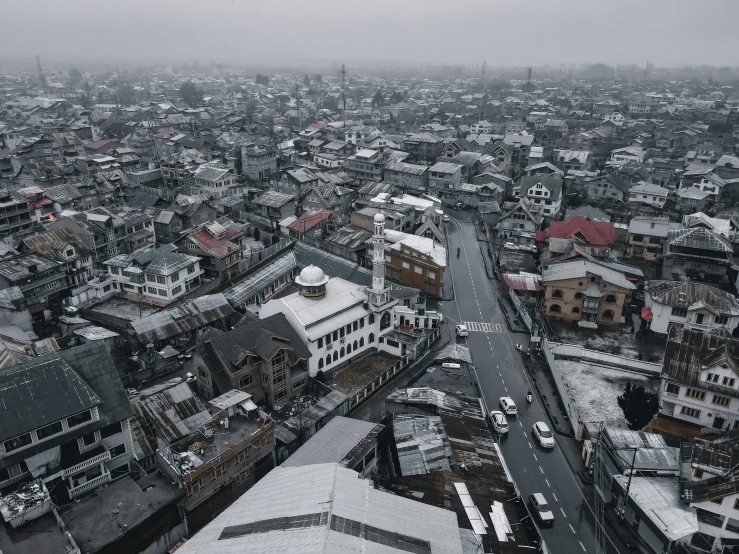 an aerial s of a snowy city skyline