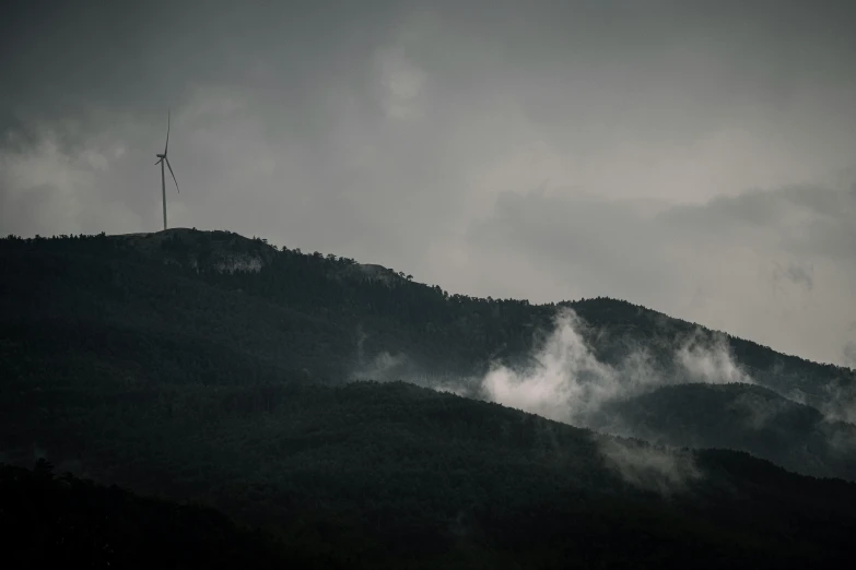 a hill with trees on top and a cellphone pole on top