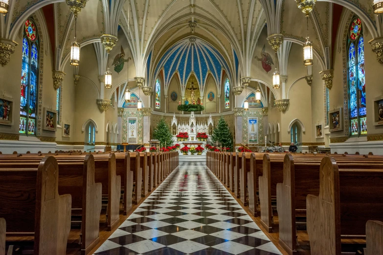 the empty and decorated pews in this church