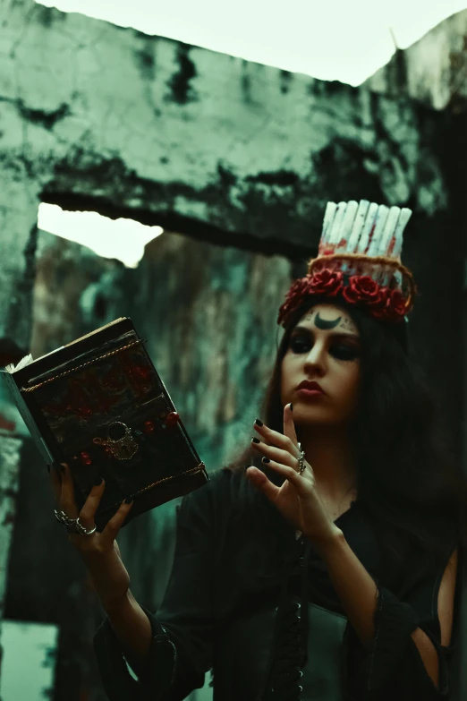 an attractive woman with painted face, black dress and white headpiece holding a book