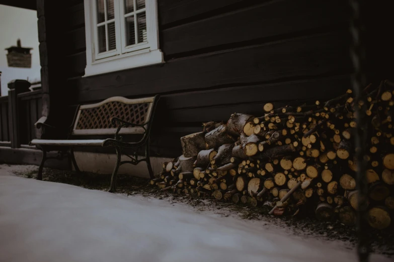 a chair and table sitting on top of snow covered ground