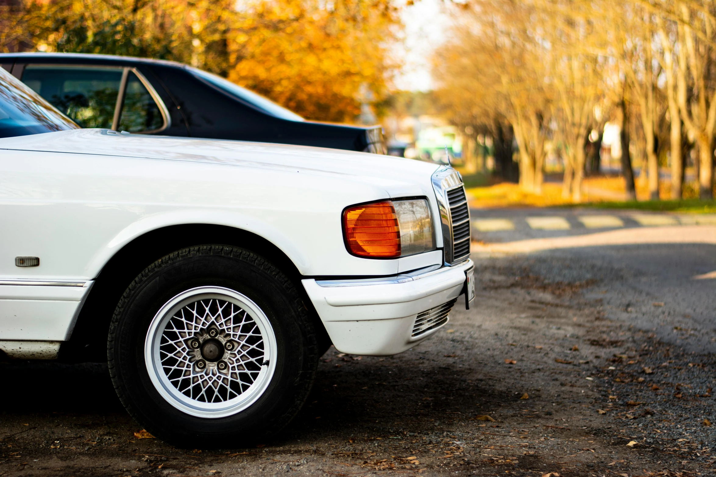 a white mercedes benz benz benz wagon parked on the side of a road