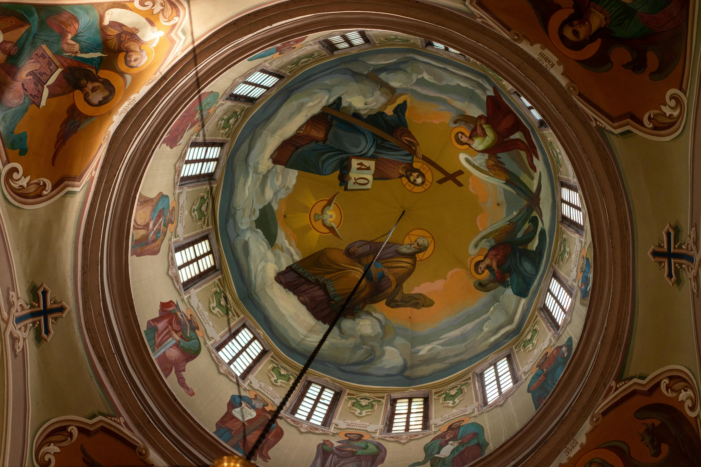 the inside of an old church painted in intricate designs