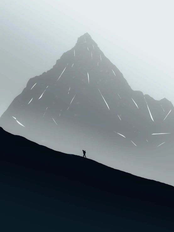 a black and white po with the silhouette of a person on top of a mountain