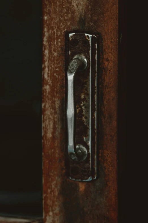 an ornate handle on an aged wooden door