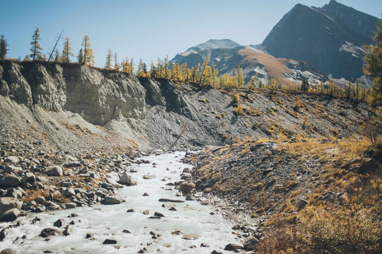 a river running between a cliff and a mountain