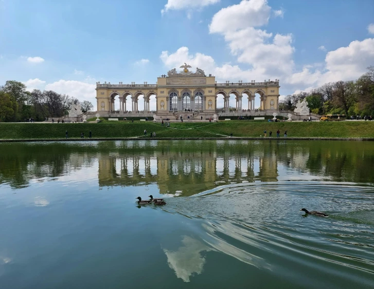 birds swimming in a pond near an ancient building