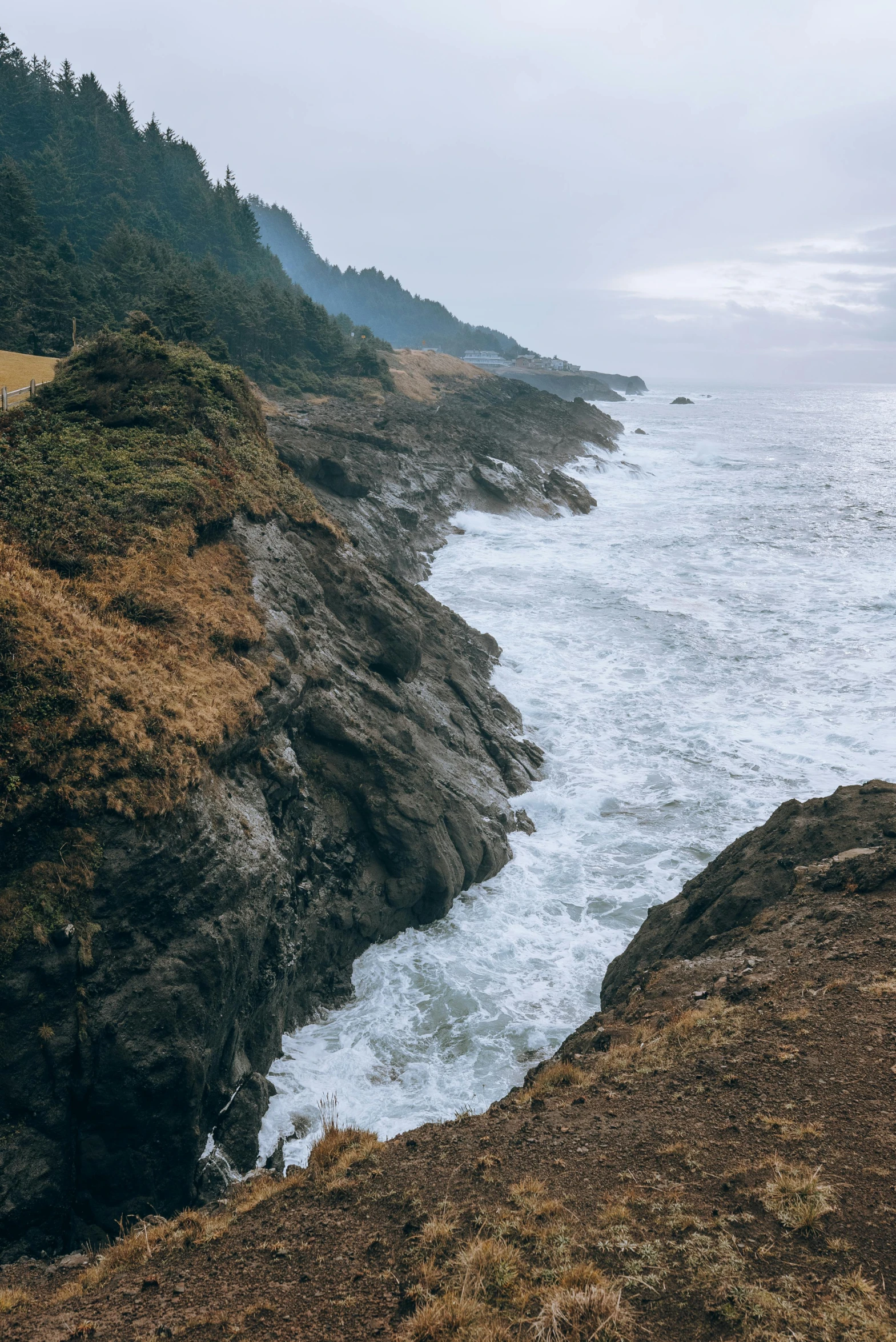 the ocean is next to some cliff and a road