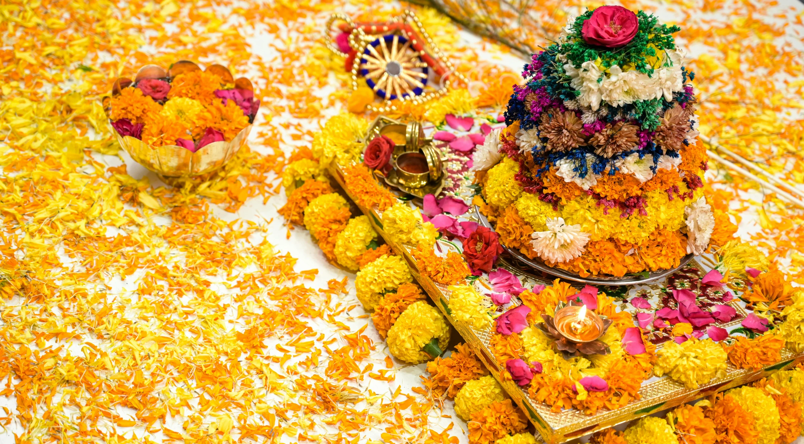 an elaborate decoration with flowers and petals
