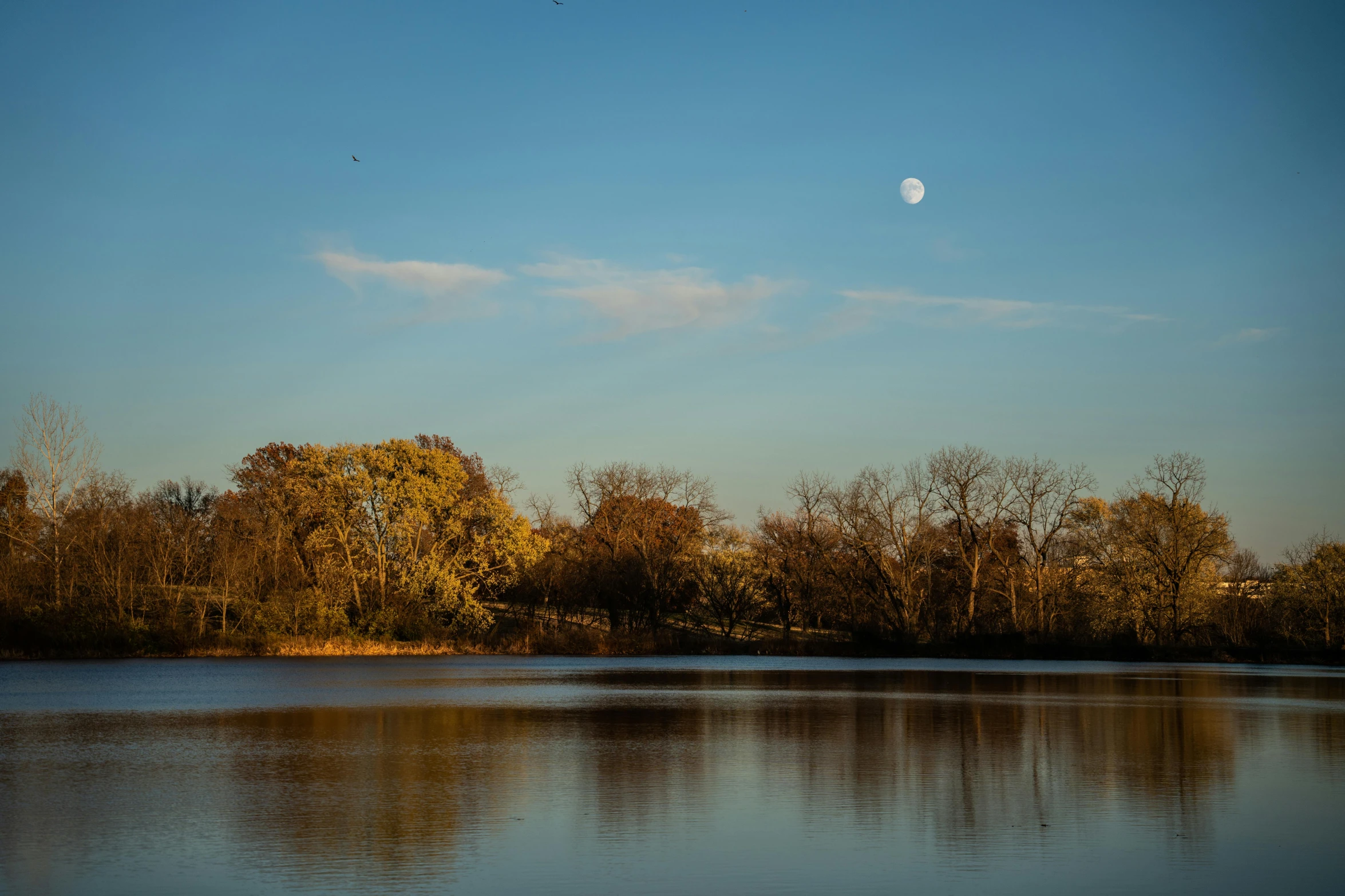 a beautiful view of some water in the evening