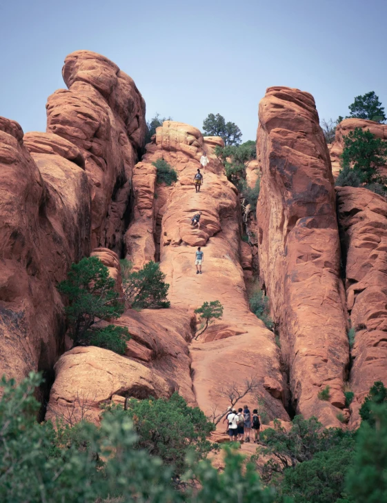 people are climbing rocks, some with grass and trees