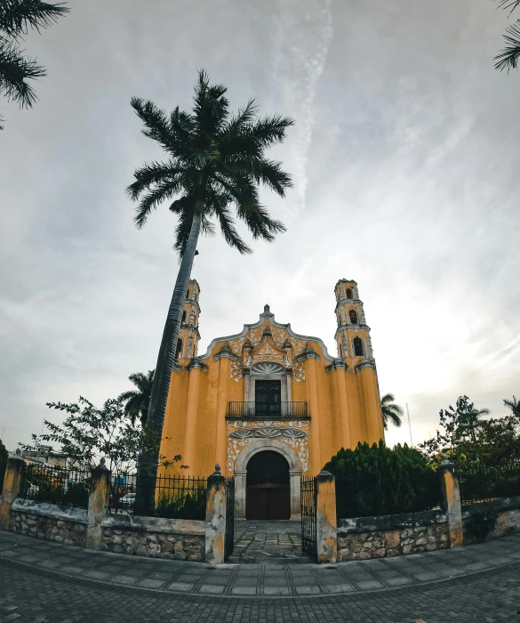 a building with two large towers on the roof and a palm tree behind it