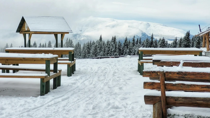 benches and a fence sit covered in snow