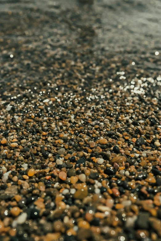 a beach covered in various small rocks and water