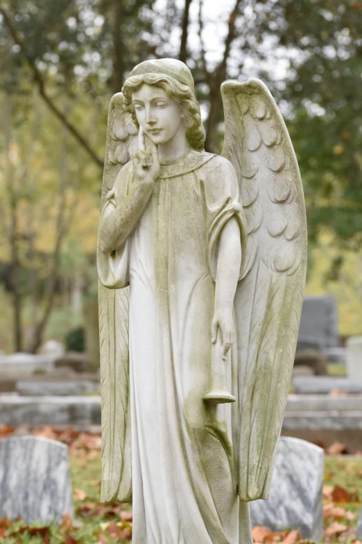 an angel statue next to a cemetery in a park