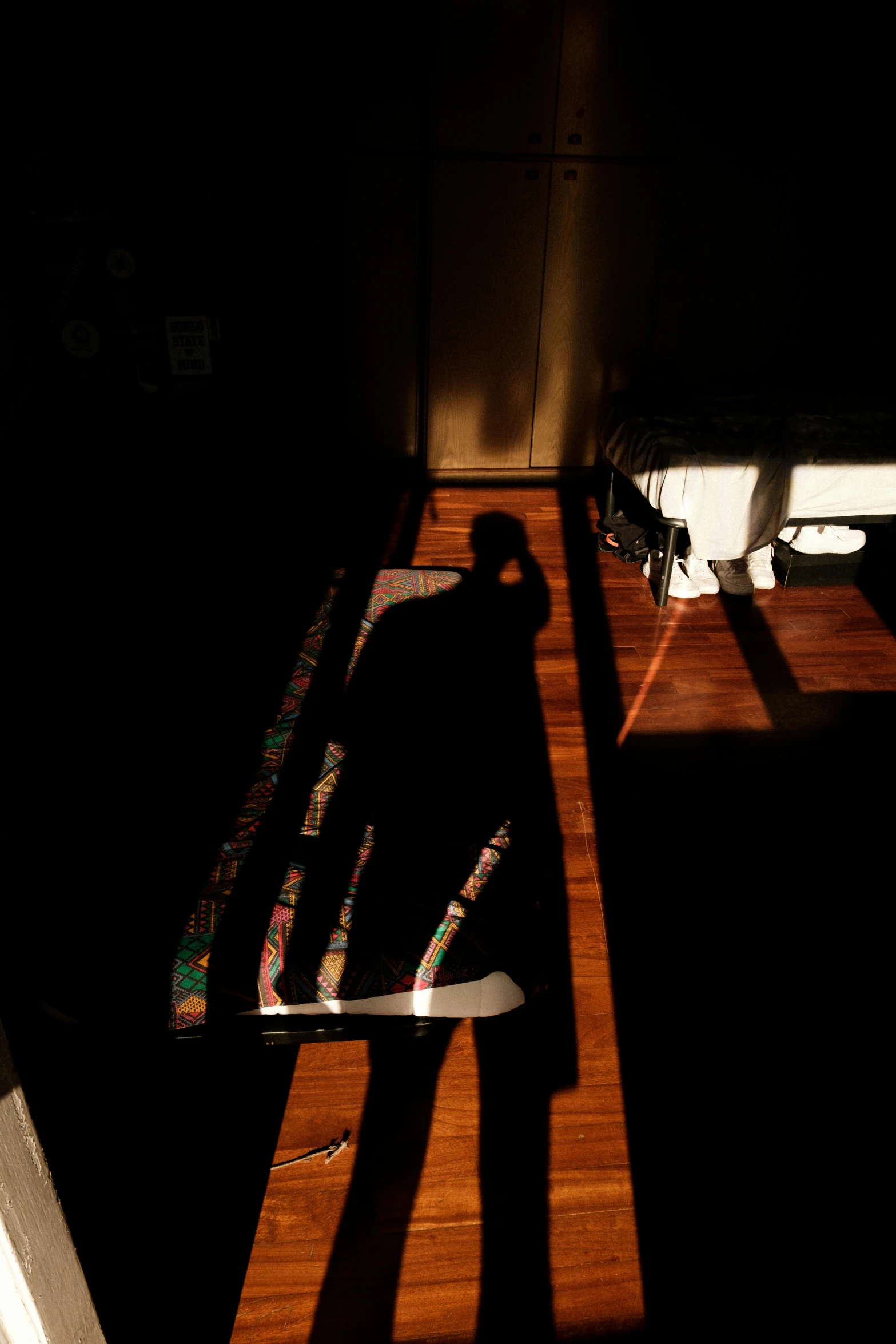 a person in the shadow and sunlight on a wooden floor