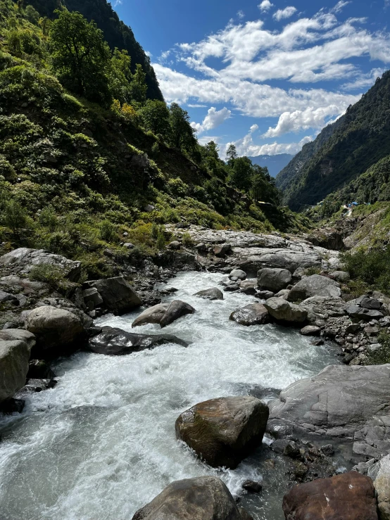 a stream running through a mountain valley surrounded by trees