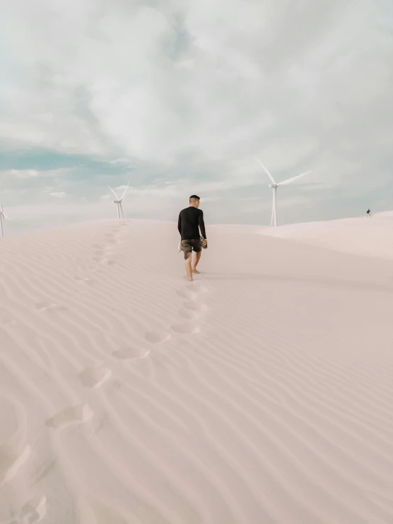 a man walking down the side of a beach next to wind mills