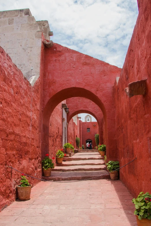 the view down the road has red walls, a pink sidewalk and an arch with flower pots on it