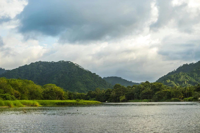 water with lush green vegetation surrounding it, and a few mountains in the distance