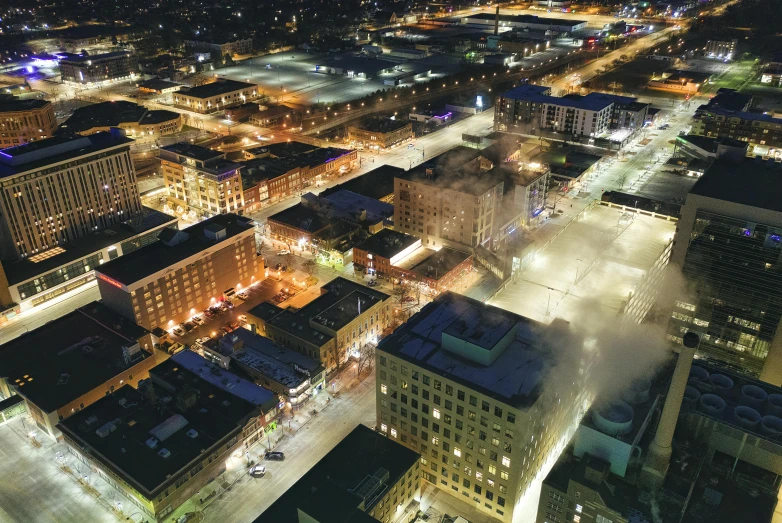 aerial view of a cityscape at night from a height