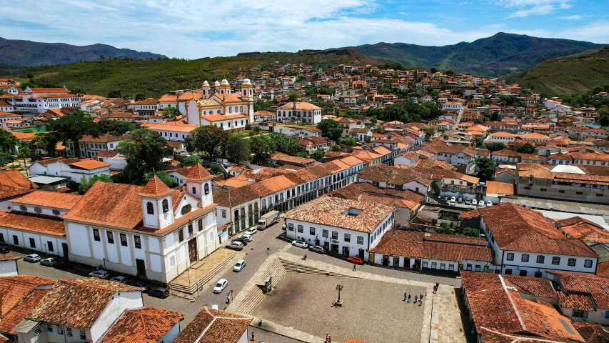 aerial view of a town and mountains