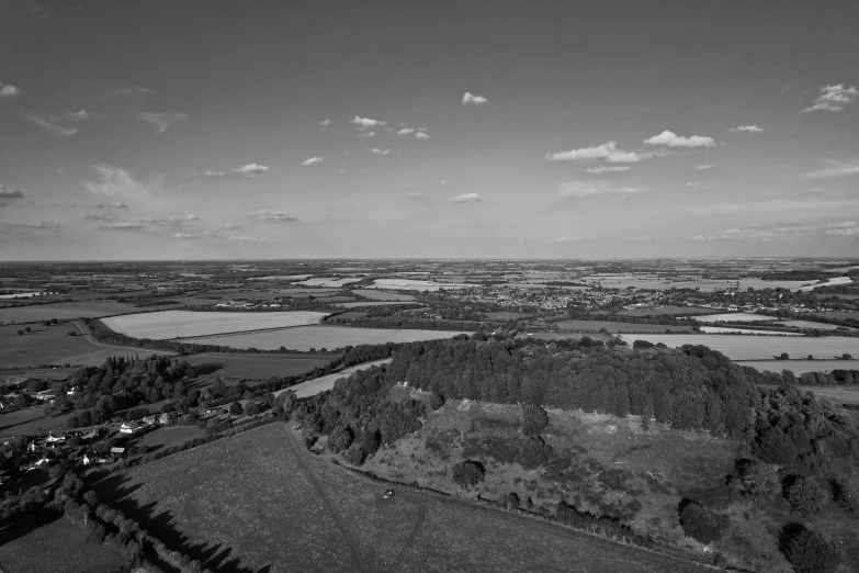 black and white pograph looking over small town and park